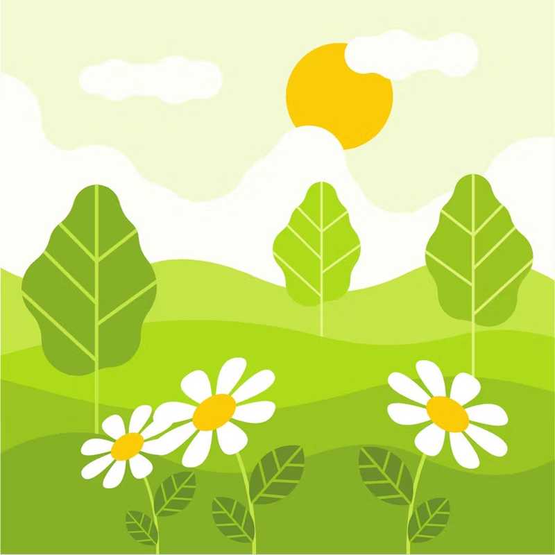 Sunny day with wildflowers and rolling green hills.